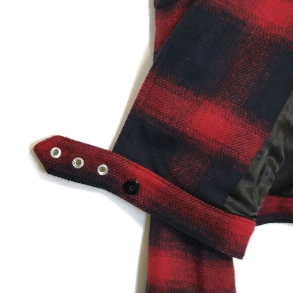 Bebe Plaid Buffalo Check Print Moto Jacket Red Navy Blue Short Crop Size 6 - Picture 6 of 16